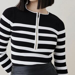 Karen Millen Nautical Black White Stripe Long Sleeve Zip Top Blouse Size Medium